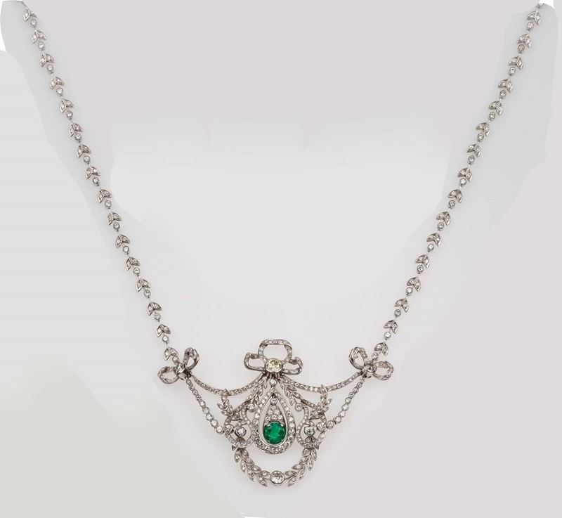 Old-cut diamond, emerald and platinum necklace  - Auction Fine Jewels - II - Cambi Casa d'Aste
