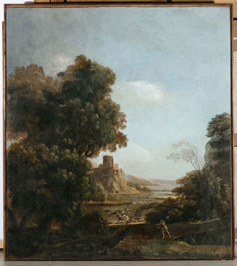 Scuola Romana del XVIII secolo Paesaggio con figure ed architetture  - Asta Antiquariato - Cambi Casa d'Aste