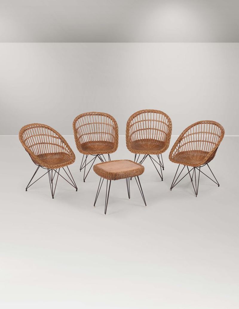 A set of four wicker armchairs and a small wicker table  - Auction Design - III - Cambi Casa d'Aste