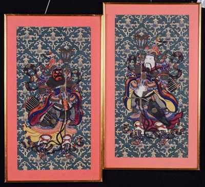 Coppia di Dipinti su Carta Raffiguranti Guerrieri, Cina, Inizio XX Secolo