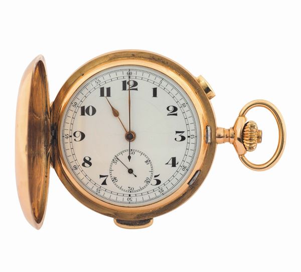Anonimo, orologio da tasca, in oro giallo 18K, cronografo con ripetizione dei minuti. Realizzato circa nel 1900
