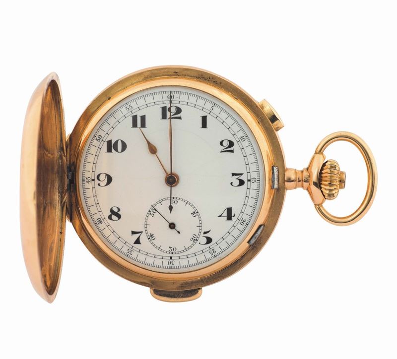 Anonymous, large, hunting-cased, keyless, minute-repeating, 18K yellow  gold pocket watch with chronograph. Made circa 1900  - Auction Watches and Pocket Watches - Cambi Casa d'Aste