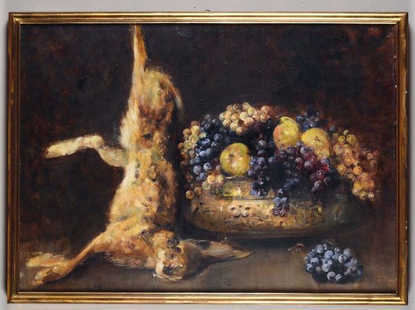 Anonimo del XIX secolo Natura morta con lepre e cesto di frutta