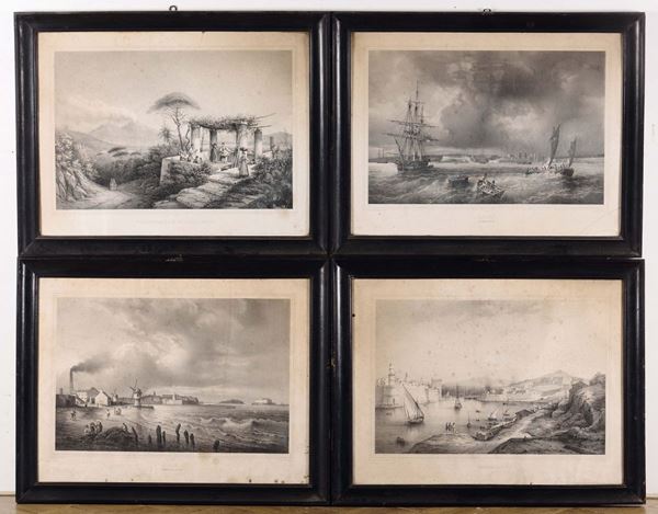 Quattro stampe litografiche su carta, vedute di Brest,St Malò, Marsiglia, Napoli, metà XIX secolo