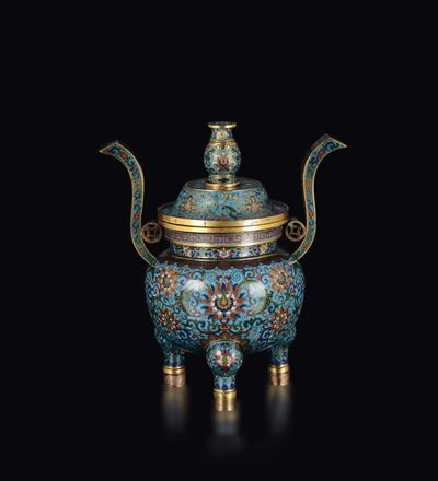 Raro Incensiere Tripode Cloisonné ed un Coperchio, Cina, Dinastia Qing, Marchio e del Periodo Qia...