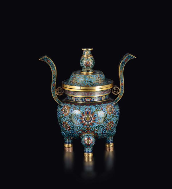 A rare cloisonné enamel tripod censer and a cover, China, Qing Dynasty, Qianlong Mark and of the Period (1736-1795)
