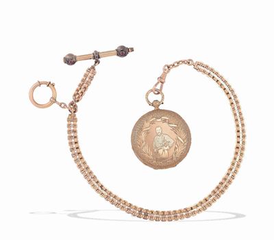 Orologio da Tasca in Oro Cesellato con Catena, Italia, Genova (?) Seconda Metà del XIX Secolo