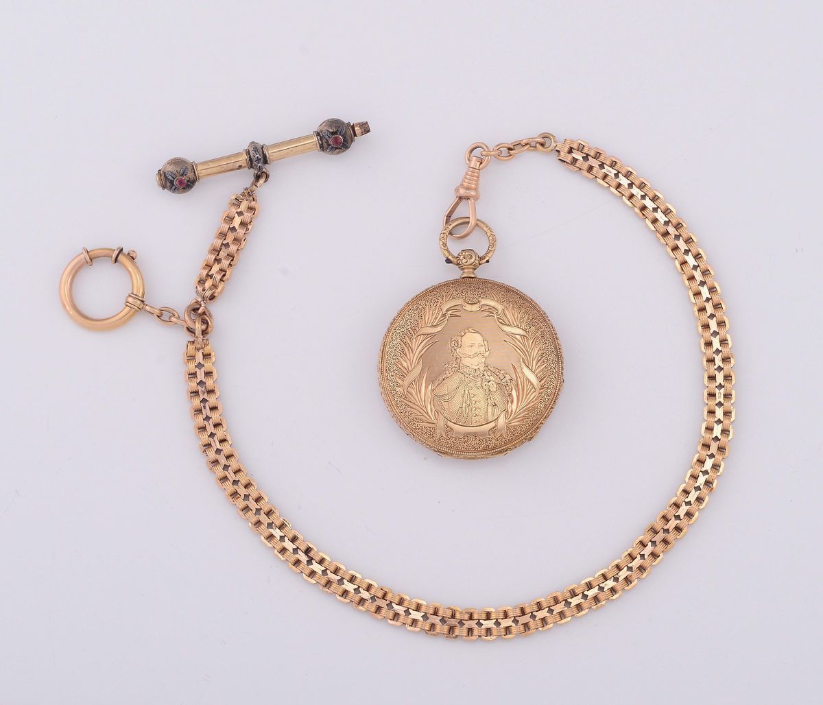 Orologio da Tasca in Oro Cesellato con Catena, Italia, Genova (?) Seconda Metà del XIX Secolo