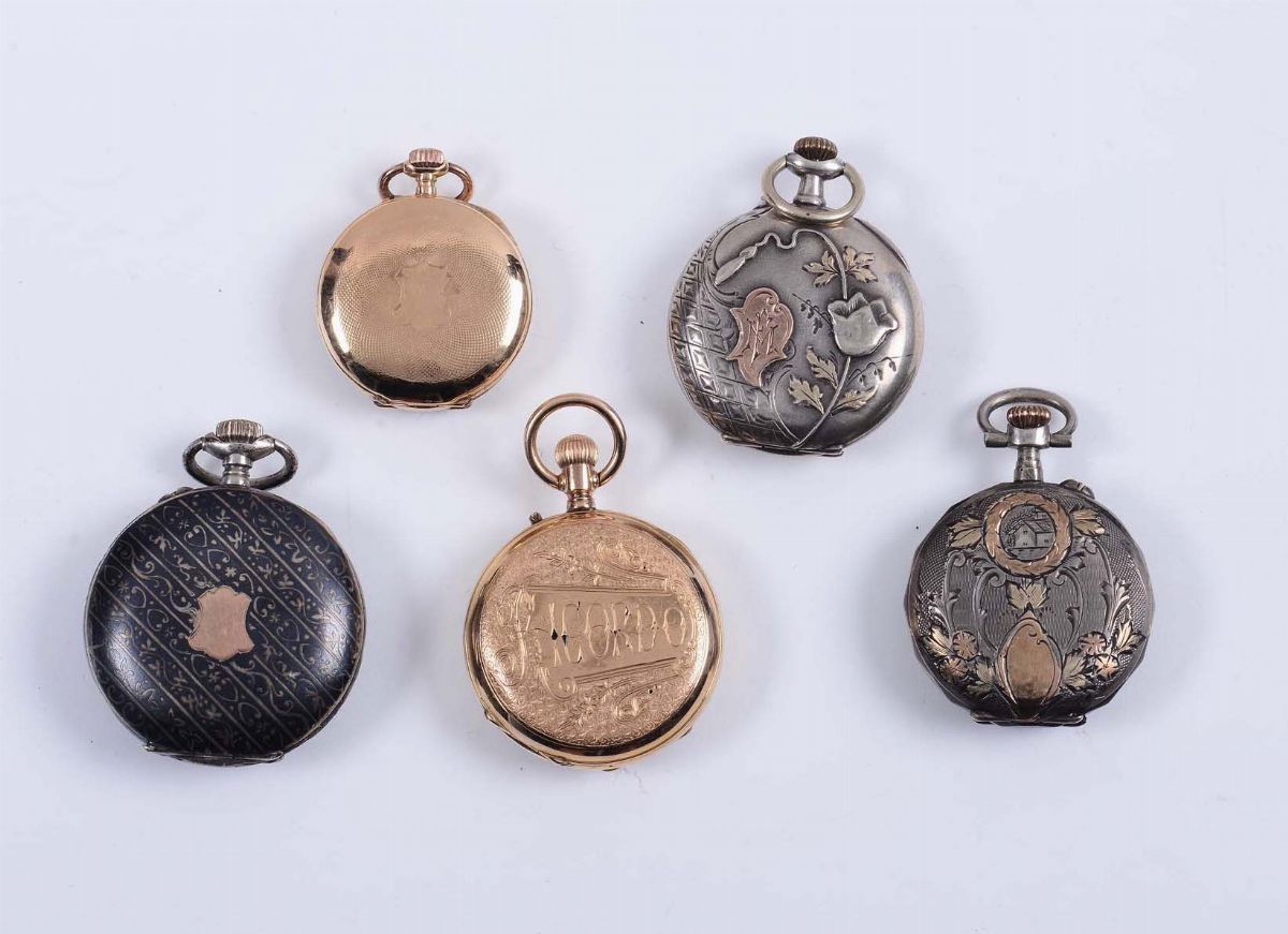 Lotto di Cinque Orologi da Tasca in Oro e Argento
