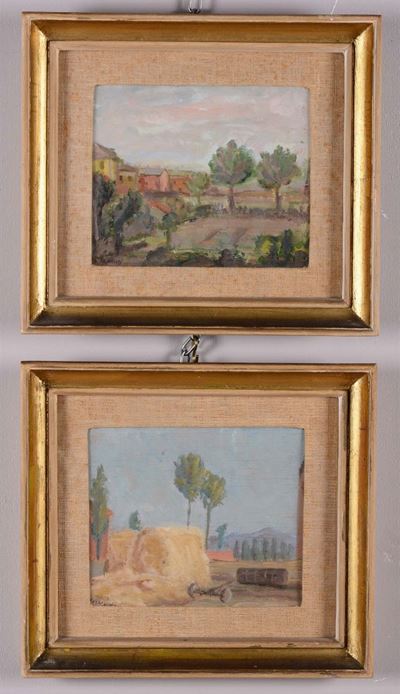 Rodolfo Castagnino (1893-1978)paesaggio con Alberi e Architetture Paesaggio con Alberi e Covoni