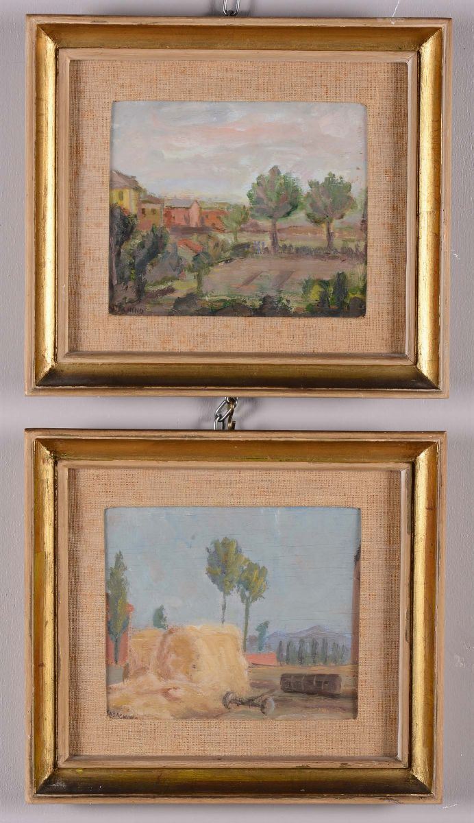 Rodolfo Castagnino (1893-1978) Paesaggio con alberi e architetture Paesaggio con alberi e covoni  - Asta Asta a Tempo Antiquariato - II - Cambi Casa d'Aste