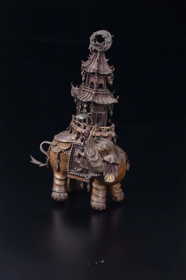 A bronze elephant with pagoda on his back censer, China, Qing Dynasty, 19th century