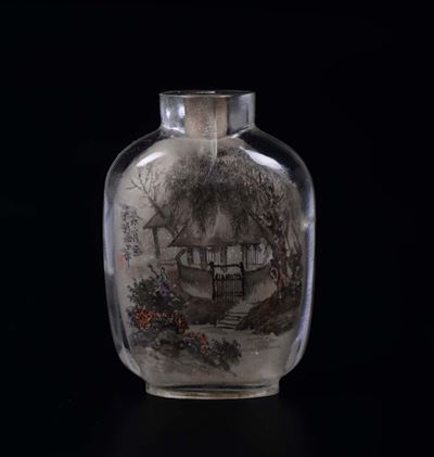 Snuff Bottle in Vetro con Paesaggio ed Iscrizioni, Cina, Inizio XX Secolo