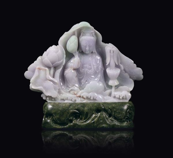 A jadeite figure of Guanyin with spinach green jade stand, China, 20th century