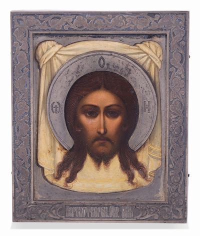 Icona con Riza in Argento Raffigurante Volto Santo, Russia, Punzone di Titolo in Uso dal 1896 al ...