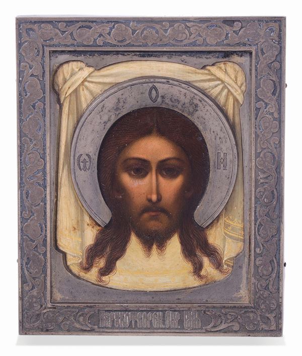 A silver riza icon with the Holy Face, Russia, title mark used from 1896 to 1927, maker's mark AC