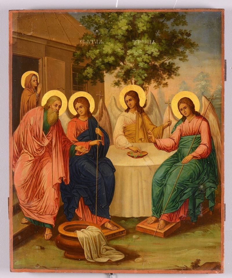 Icona raffigurante la Trinità dell’Antico Testamento, Russia centrale XIX secolo  - Asta Antiquariato - Cambi Casa d'Aste