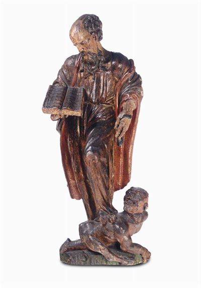 Scultura in Legno Policromo Raffigurante Santo (s.paolo?) che Schiaccia un Demone. Scultore Spagn...