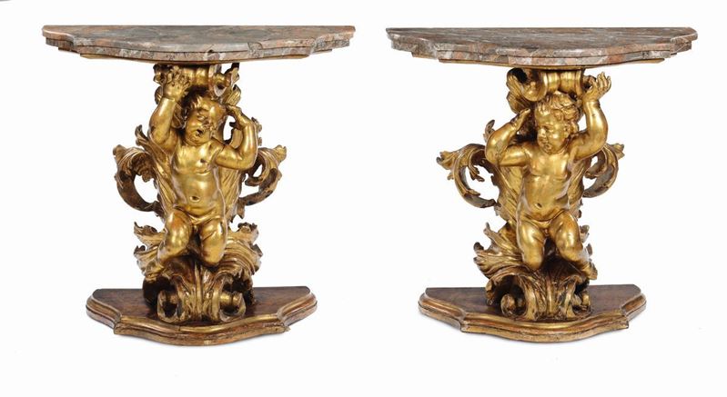 Coppia di console in legno intagliato e dorato, Roma XVIII secolo  - Asta Importanti Arredi e Oggetti d'Arte - Cambi Casa d'Aste