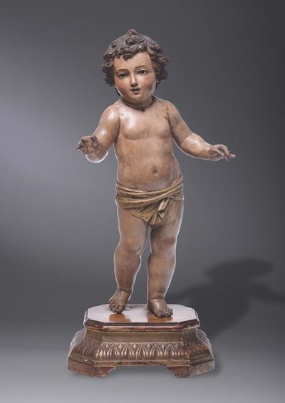 Scultura in Legno Policromo e Dorato Raffigurante Gesù Bambino. Scultore Napoletano della Seconda...