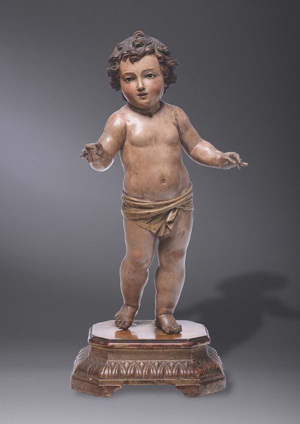 A golden, wooden polychrome sculture with baby Jesus. Second half of the 18th century Neapolitan sculptor.