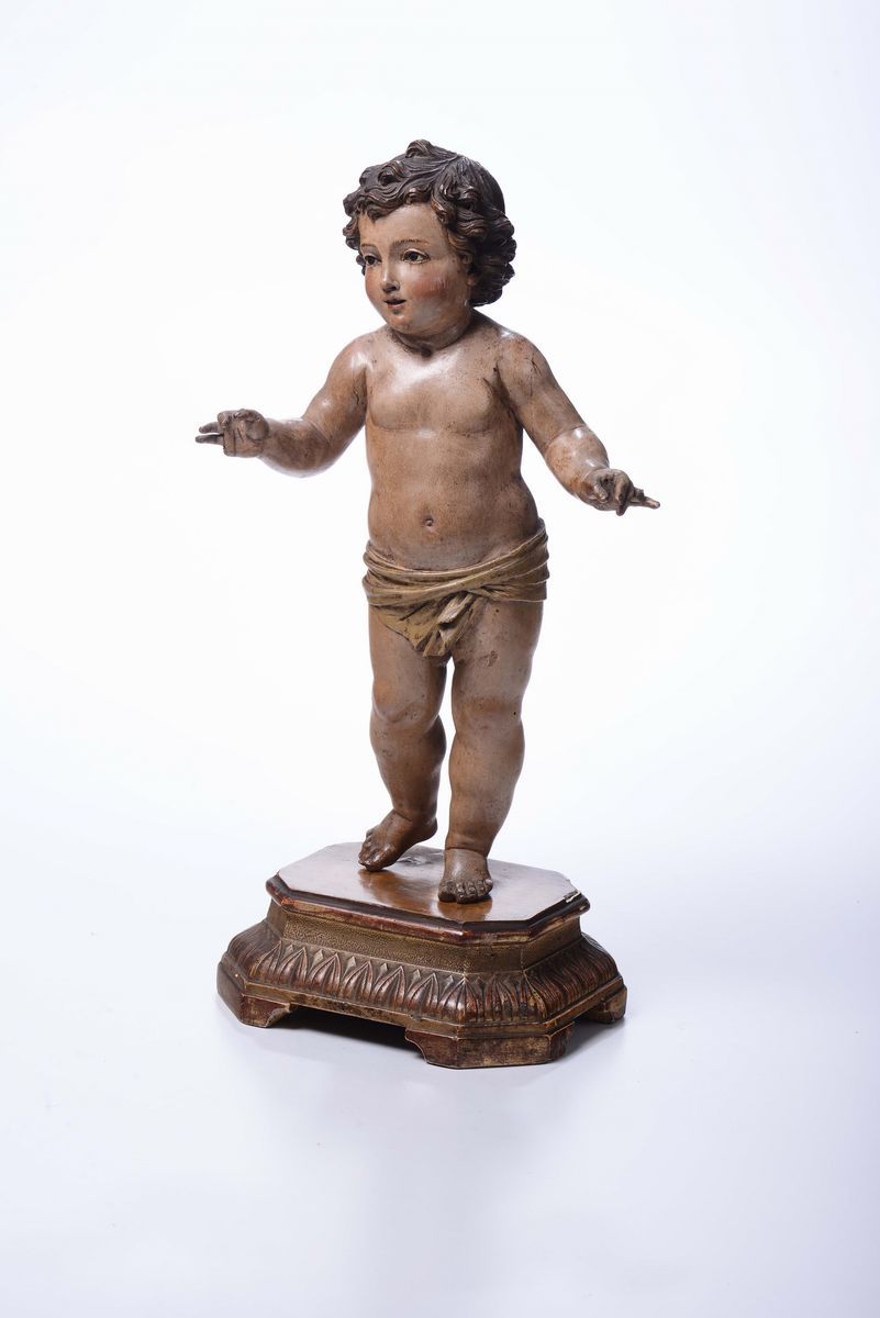 Scultura in Legno Policromo e Dorato Raffigurante Gesù Bambino. Scultore Napoletano della Seconda...