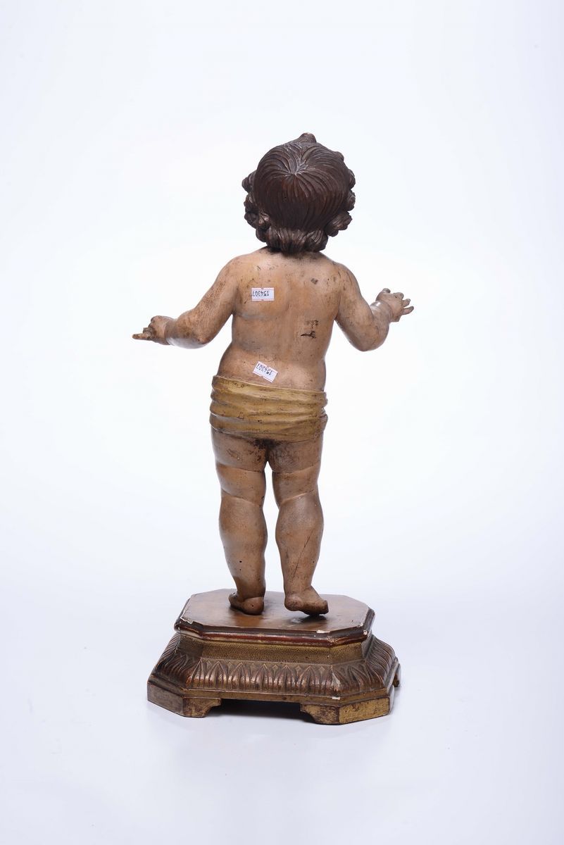 Scultura in Legno Policromo e Dorato Raffigurante Gesù Bambino. Scultore Napoletano della Seconda...