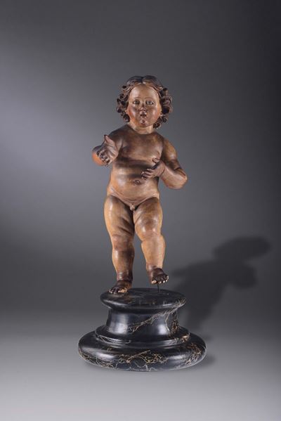 Scultura in Legno Policromo Raffigurante Gesù Bambino. Scultore Napoletano del XVIII-XIX Secolo
