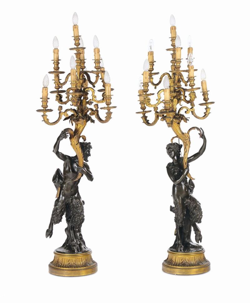 Coppia di grandi candelabri in bronzo dorato e brunito, XIX secolo  - Auction Important Furniture and Works of Art - Cambi Casa d'Aste