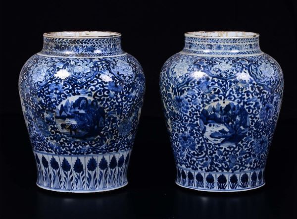 Two blue and white potiches with landscapes within reserves, China, Qing Dynasty, 19th century