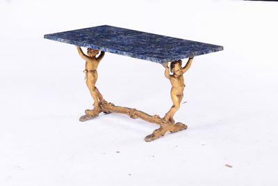 Tavolino Basso in Legno Dorato e Piano Lastronato in Lapislazzuli, XIX-XX Secolo