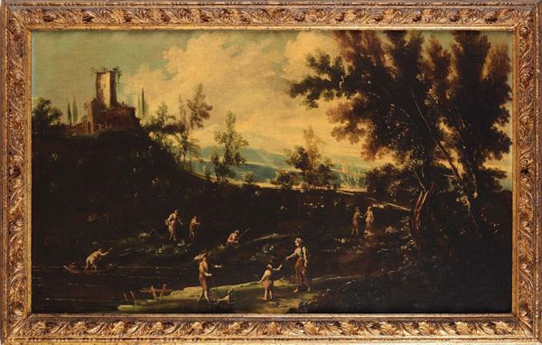 Scuola del XVIII secolo Paesaggio con figure Paesaggio con figure