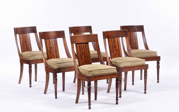 Sei sedie con schienale intarsiato, XIX secolo