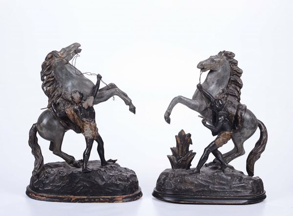 Coppia di cavalli con cavalieri in stagno, XX secolo
