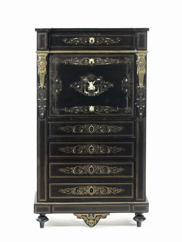 Secretaire in legno ebanizzato intarsiato con avori, XIX secolo