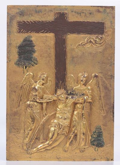Placca in Rame Sbalzato, Cesellato e Dorato Raffigurante Deposizione di Cristo. Scuola Italiana o...