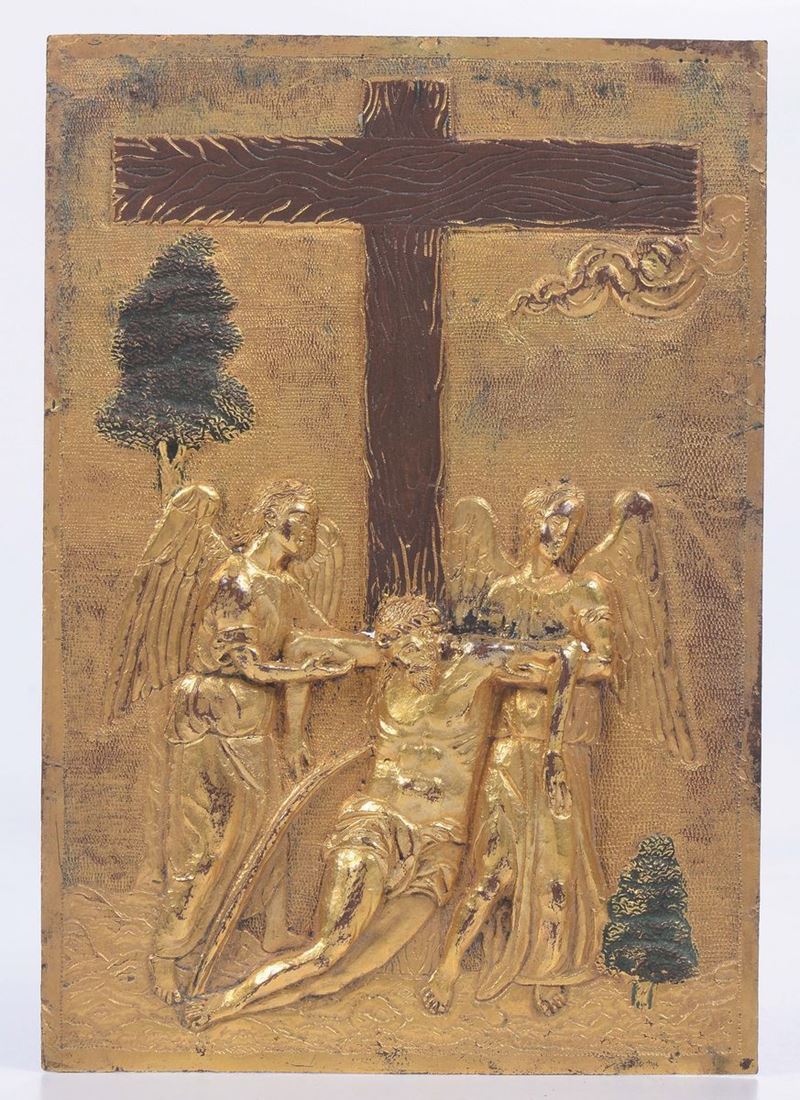 A copper-gilt plaque with the Deposition of Christ. Italian or German School, 16th - 17th century.  - Auction Sculpture and Works of Art - Cambi Casa d'Aste