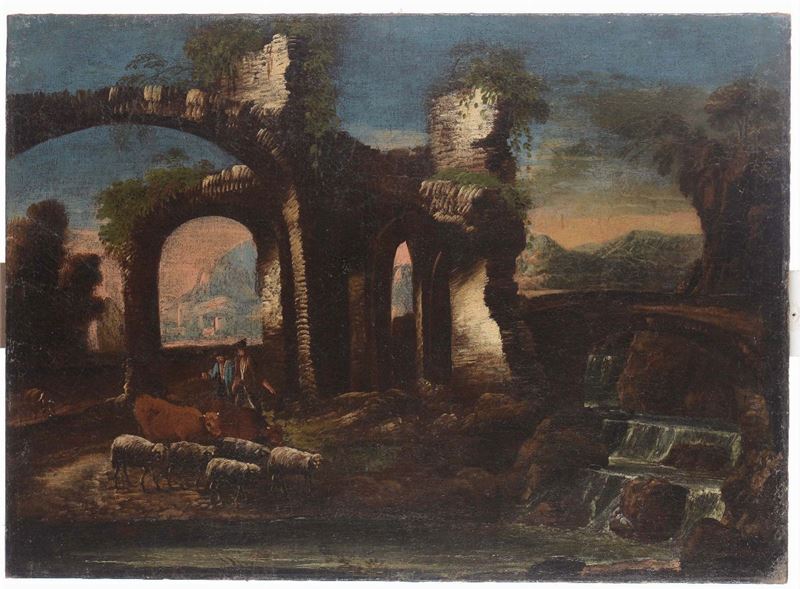 Antonio Travi (1608-1665), nei modi di Paesaggio con rovine  - Asta Asta a Tempo Pittura - Cambi Casa d'Aste