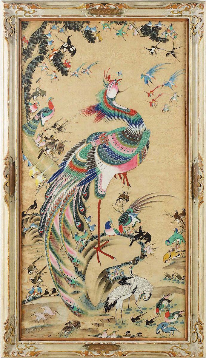 Dipinto su carta incorniciato raffigurante pavoni, gru e altri uccellini, Cina, Dinastia Qing, XIX secolo  - Auction Timed Fine Art - I - Cambi Casa d'Aste