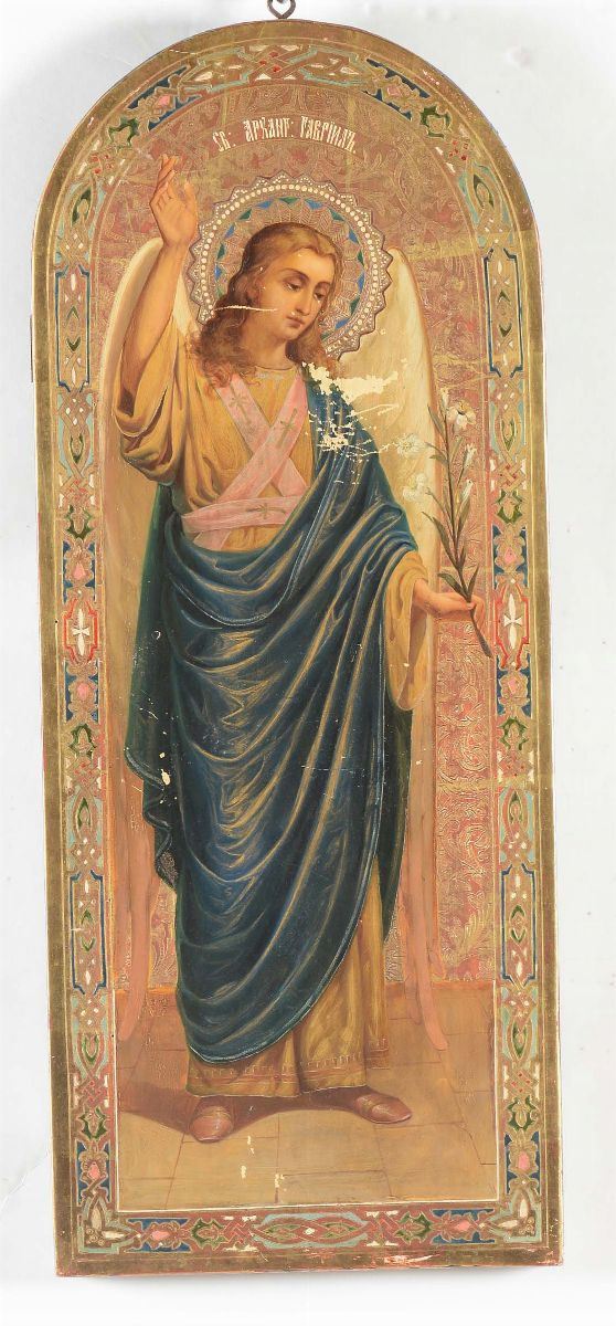 Icona centinata raffigurante Arcangelo Gabriele, XIX-XX secolo  - Auction Timed Fine Art - I - Cambi Casa d'Aste