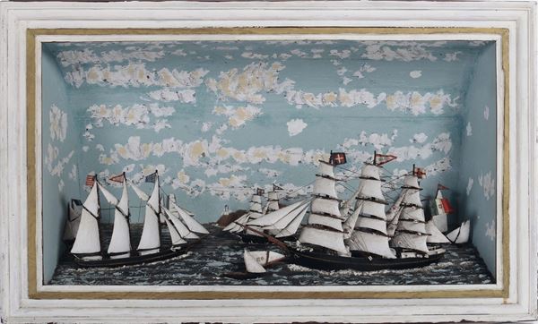 Diorama in teca raffigurante velieri in navigazione vicino alla costa, XIX secolo