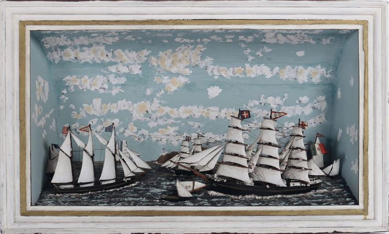 Diorama in teca raffigurante velieri in navigazione vicino alla costa, XIX secolo  - Asta Arte Marinara e Strumenti Scientifici - Cambi Casa d'Aste