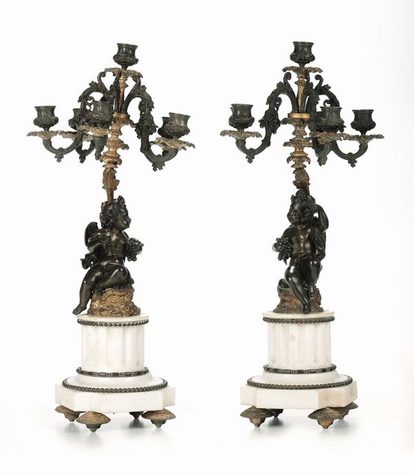 Coppia candelabri in bronzo, bronzo dorato e marmo, Francia, fine XIX secolo
