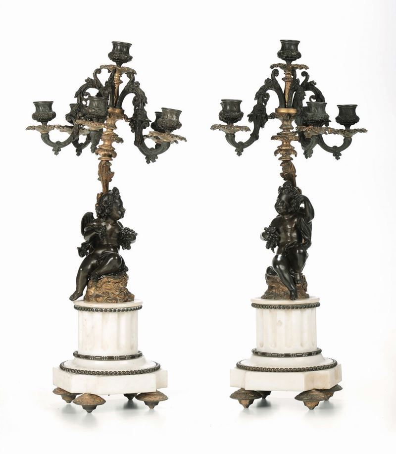 Coppia candelabri in bronzo, bronzo dorato e marmo, Francia, fine XIX secolo  - Asta Antiquariato - Cambi Casa d'Aste