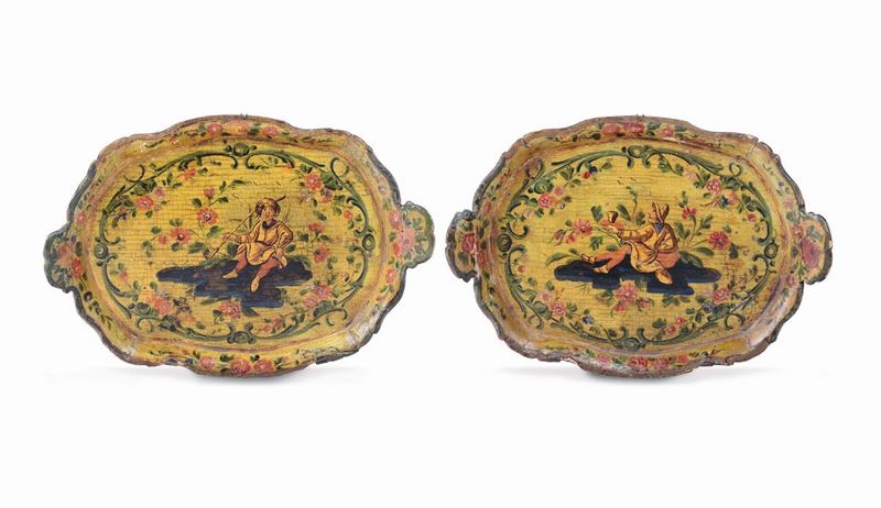 Coppia di guantiere ovali sagomati a due manici, Venezia metà XVIII secolo  - Asta Importanti Arredi e Oggetti d'Arte - Cambi Casa d'Aste
