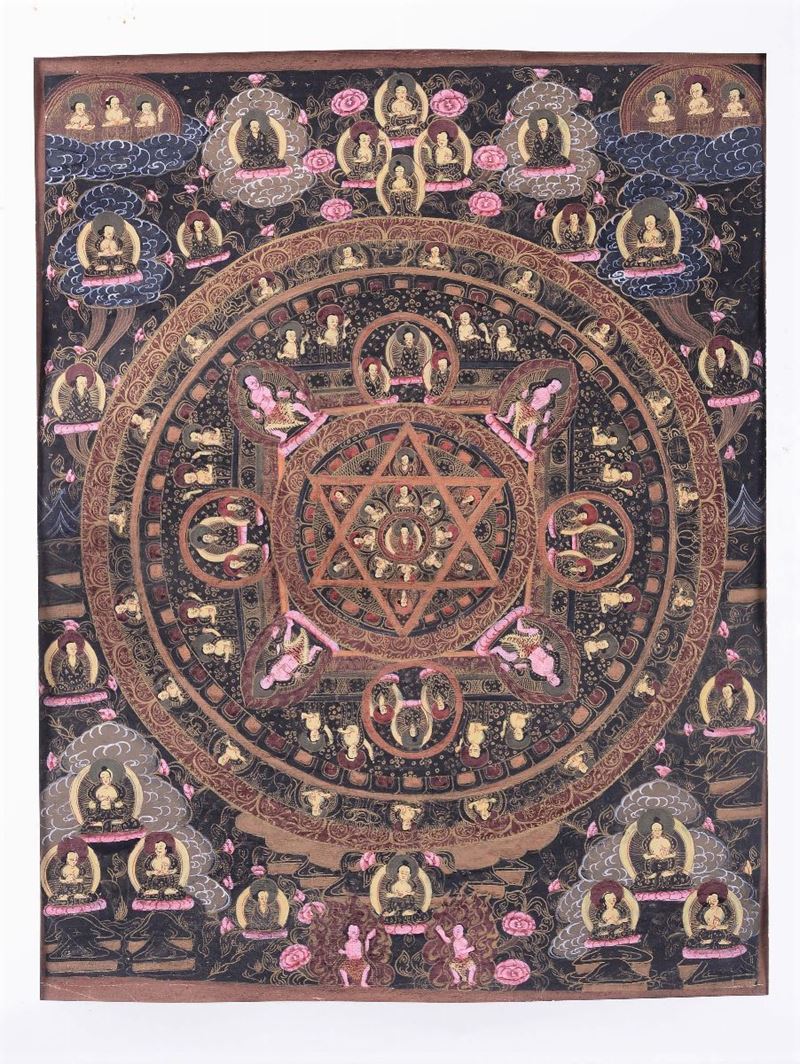 Tanka raffigurante diverse divinita con Mandala centrale, Tibet, XIX secolo  - Asta Arte Orientale - Asta Online - Cambi Casa d'Aste
