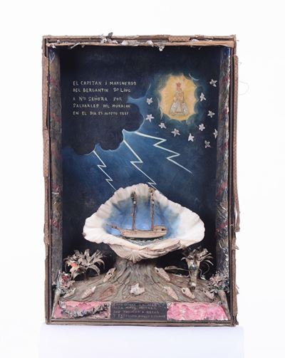 Ex Voto Spagnolo Realizzato con Modello di Brigantino su Conchiglia