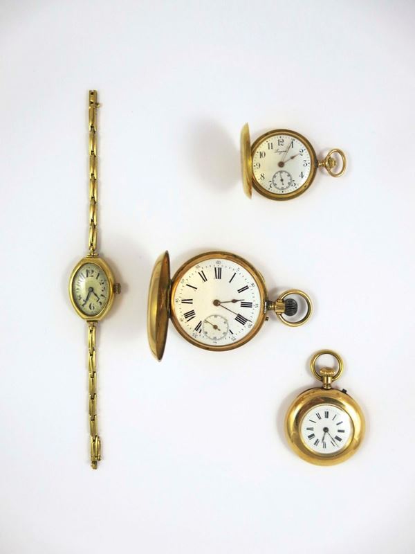 Three gold pocket watches and one lady's wristwatch
