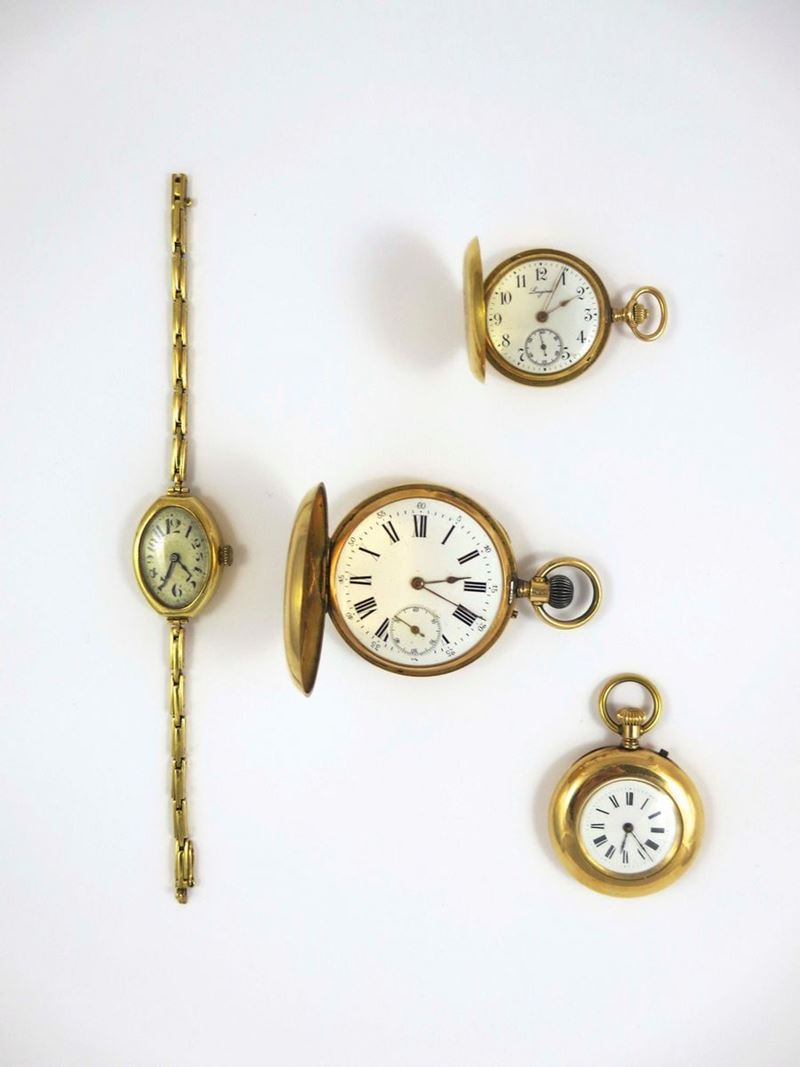 Lotto composto da un orologio da donna completo di bracciale e tre orologi da tasca di cui uno firmato Longines  - Asta Gioielli - Asta Online - Cambi Casa d'Aste