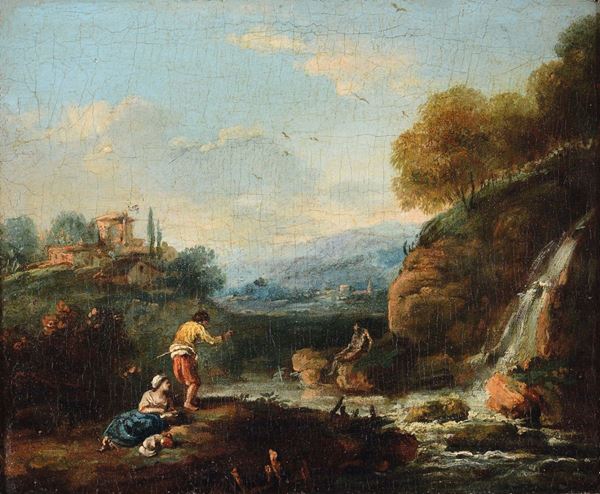 Scuola fiamminga XVII secolo Paesaggio con contadini